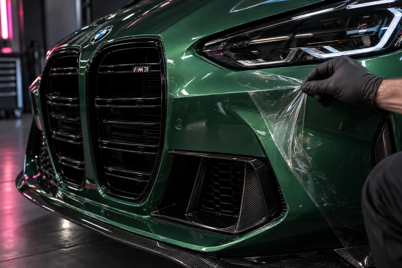 Illustrative concept: scuffed clear PPF being lifted from an Isle of Man green BMW M3 bumper, revealing intact paint beneath